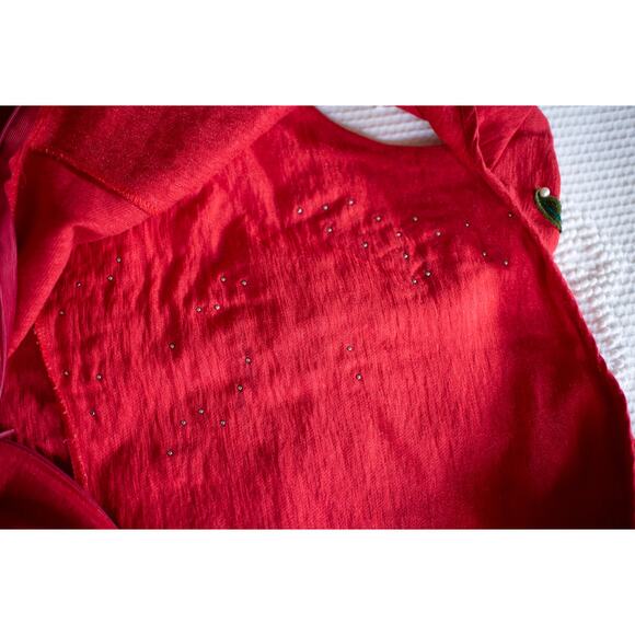 Vintage Mod Mini Dress Barkcloth 70s Sleeveless Red Floral Applique XS Party - Picture 10 of 10